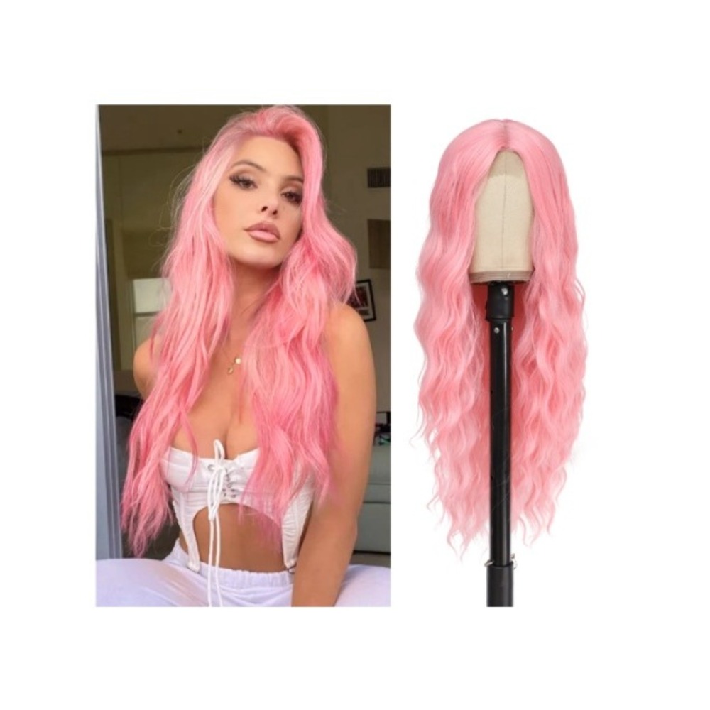 Cosplay Long Pink Wig 28 Inch Middle Part Wavy Synthetic Realistic Lace Front